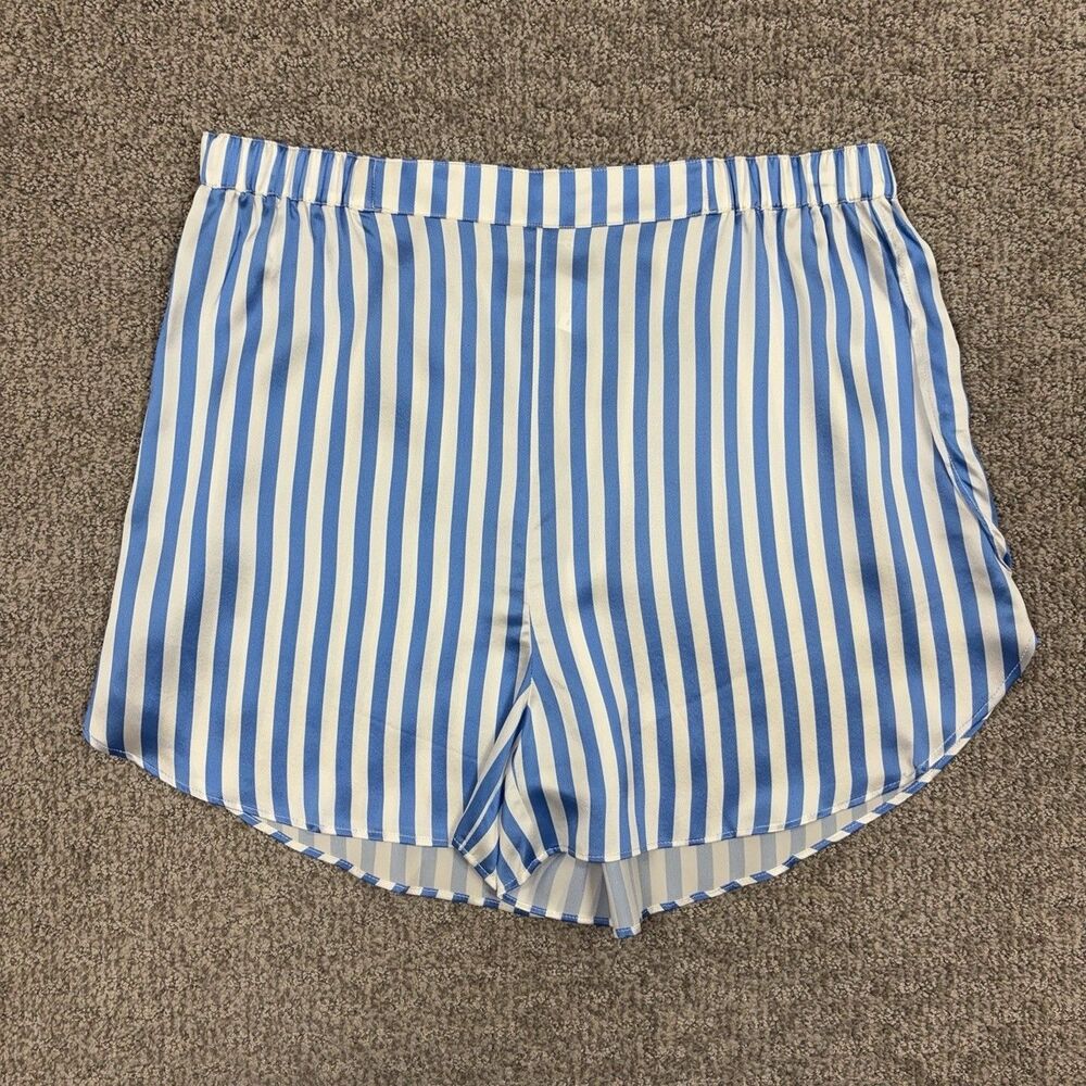 Petite Plume Silk Sleep Shorts Womens XL Blue Stripe Satin Pajama Lounge Summer